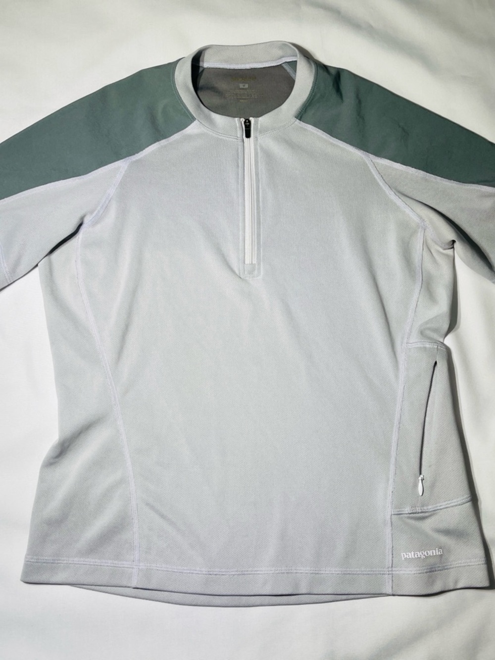 Patagonia Light Gray Half-Zip with Slate Green Shoulders